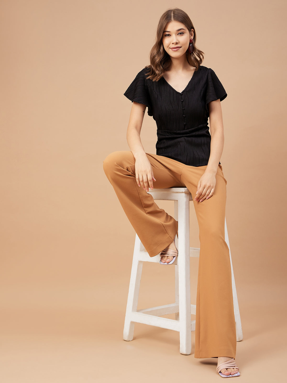 Gipsy Women Black Solid Polyester Flutter Sleeve V Neck Blouse