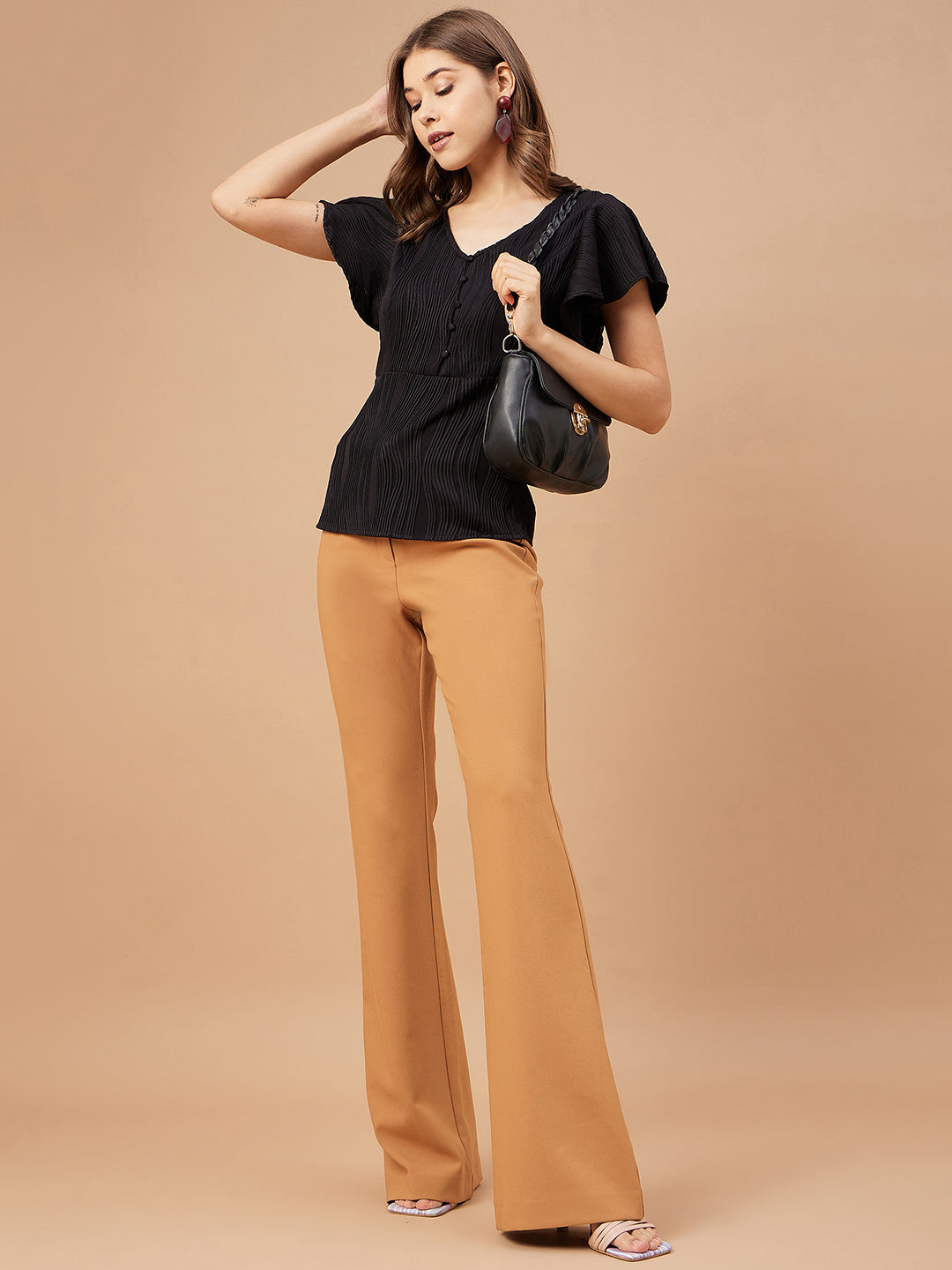 Gipsy Women Black Solid Polyester Flutter Sleeve V Neck Blouse