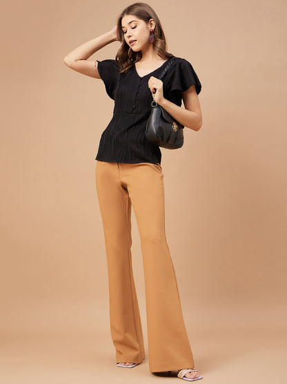 Gipsy Women Black Solid Polyester Flutter Sleeve V Neck Blouse