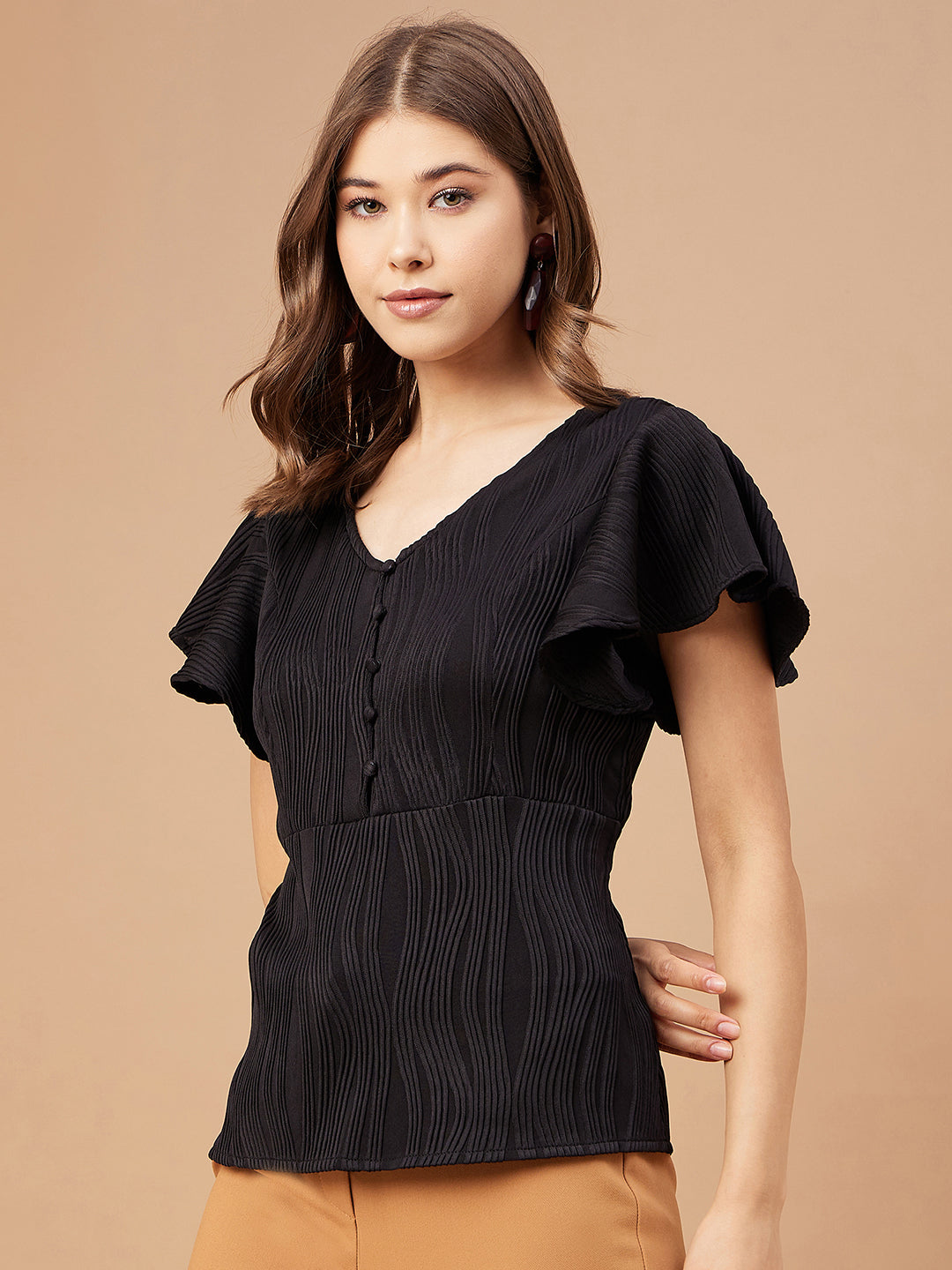 Gipsy Women Black Solid Polyester Flutter Sleeve V Neck Blouse