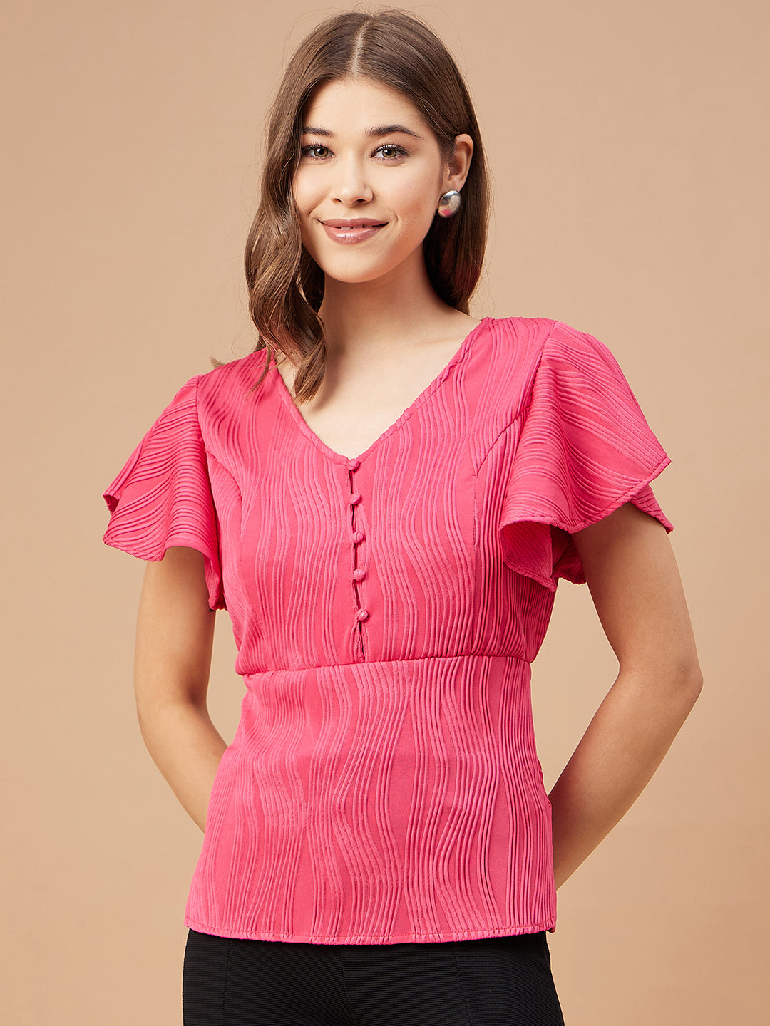 Gipsy Women Fushia Solid Polyester Flutter Sleeve V Neck Blouse