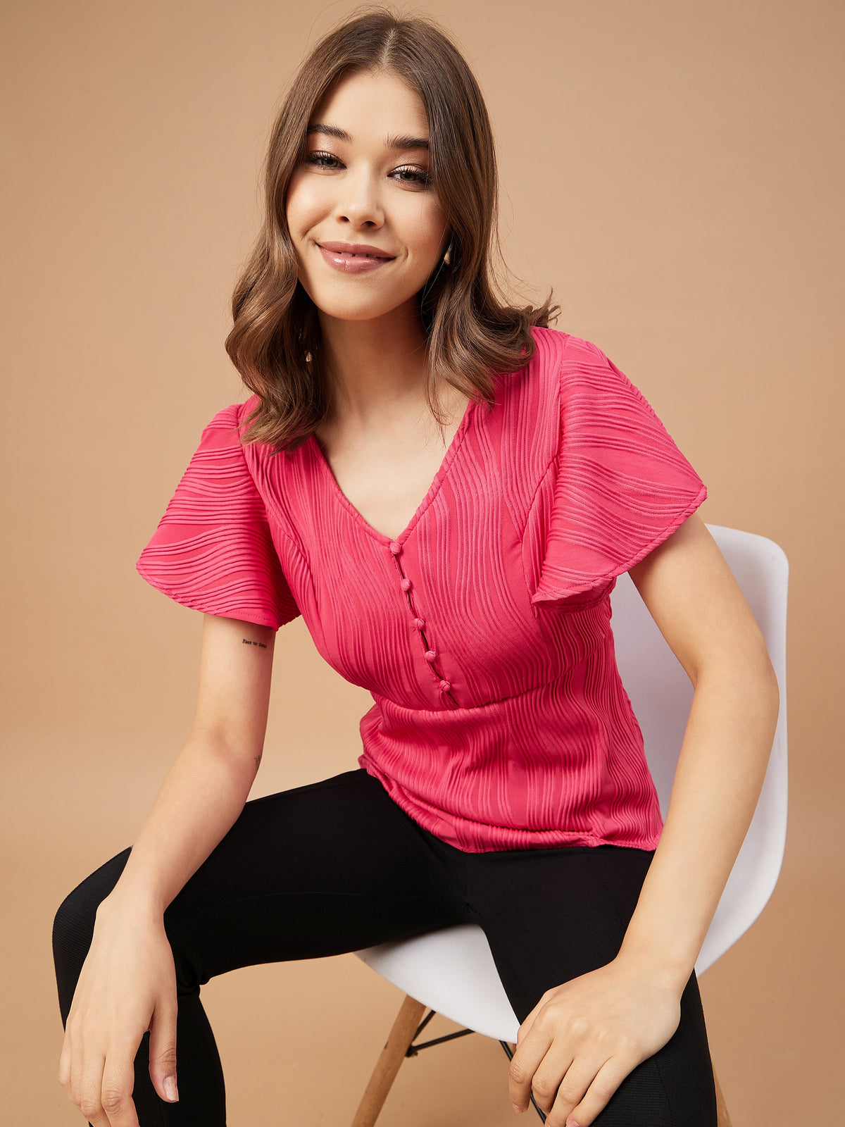 Gipsy Women Fushia Solid Polyester Flutter Sleeve V Neck Blouse