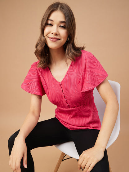 Gipsy Women Fushia Solid Polyester Flutter Sleeve V Neck Blouse