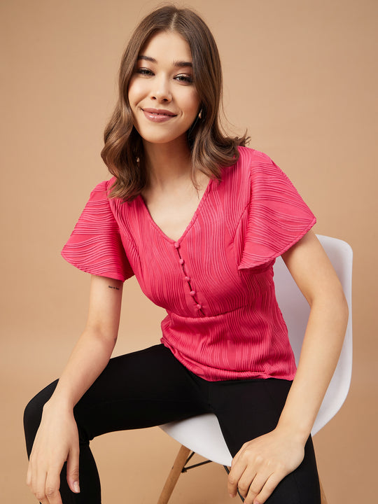 Gipsy Women Fushia Solid Polyester Flutter Sleeve V Neck Blouse