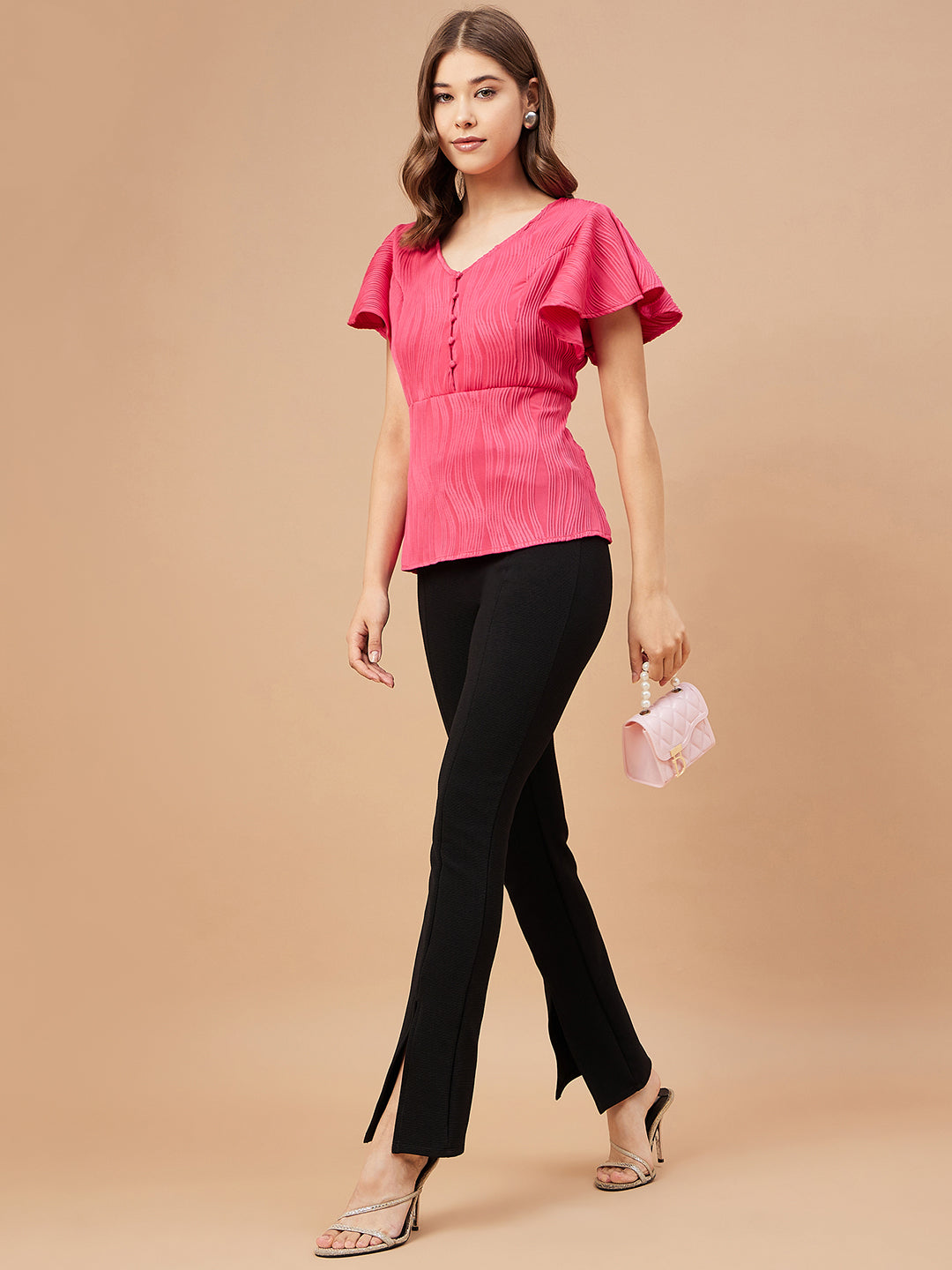 Gipsy Women Fushia Solid Polyester Flutter Sleeve V Neck Blouse