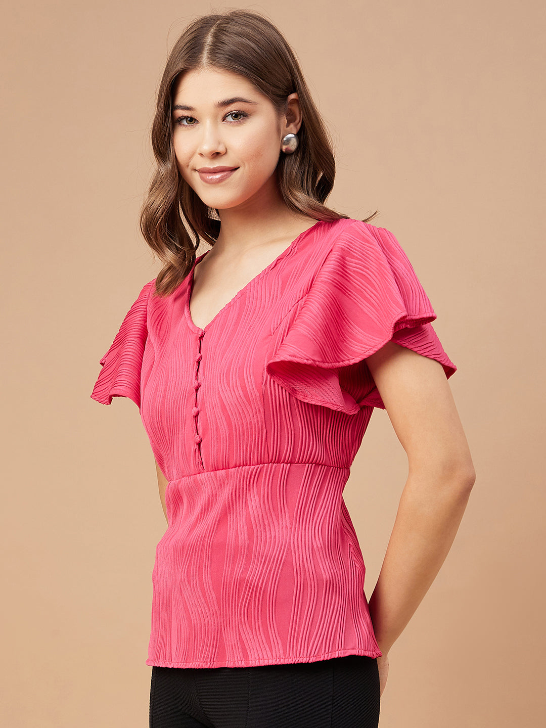 Gipsy Women Fushia Solid Polyester Flutter Sleeve V Neck Blouse