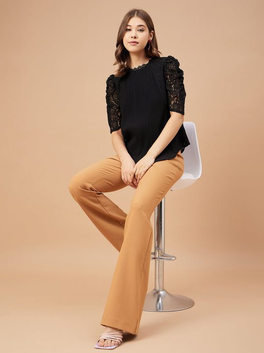 Gipsy Women Black Solid Net Fabric Regular Sleeve Crew Neck Blouse