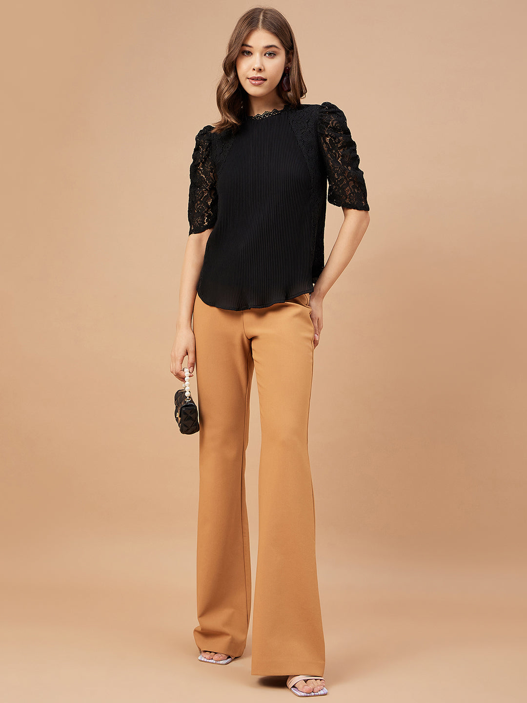 Gipsy Women Black Solid Net Fabric Regular Sleeve Crew Neck Blouse