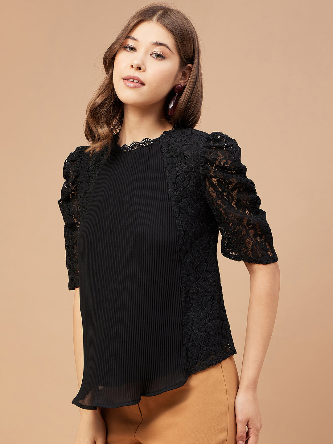 Gipsy Women Black Solid Net Fabric Regular Sleeve Crew Neck Blouse