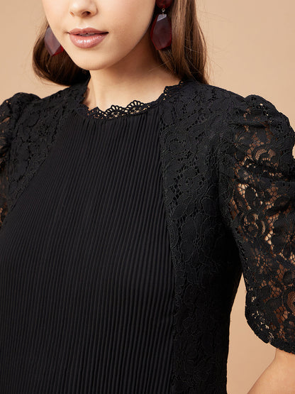 Gipsy Women Black Solid Net Fabric Regular Sleeve Crew Neck Blouse