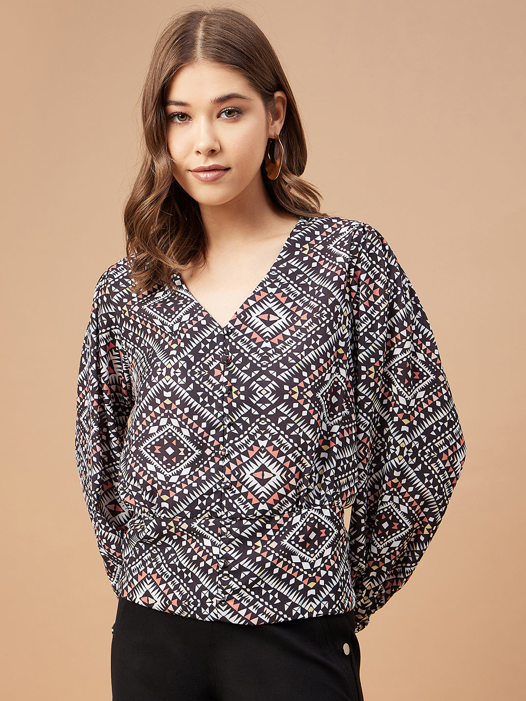 Gipsy Women Black Print Georgette Bishop Sleeve V Neck Blouse