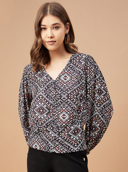 Gipsy Women Black Print Georgette Bishop Sleeve V Neck Blouse