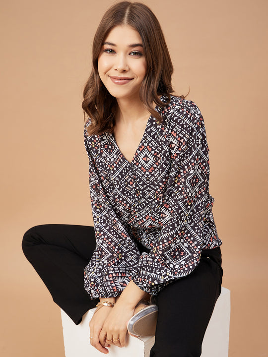 Gipsy Women Black Print Georgette Bishop Sleeve V Neck Blouse