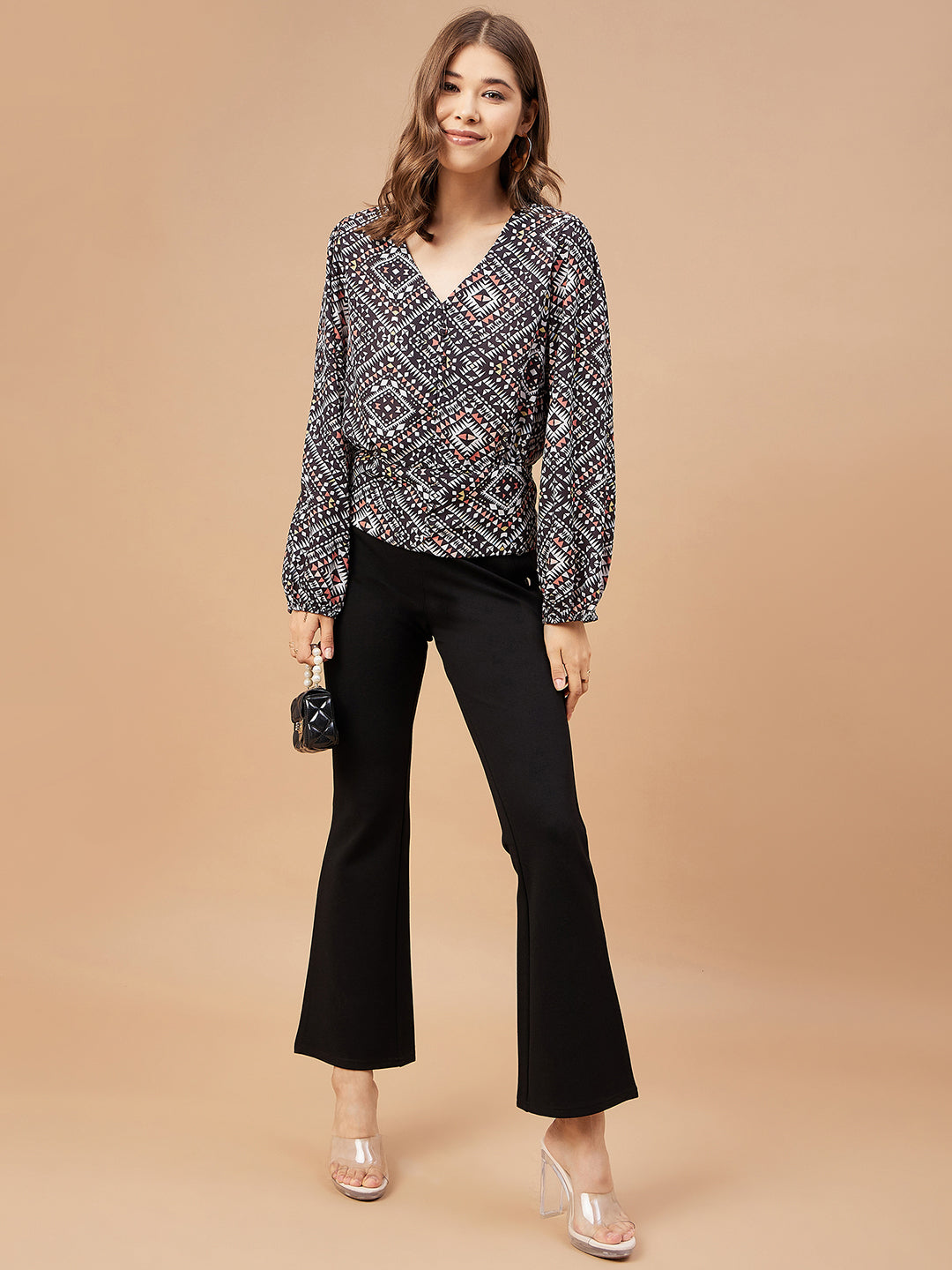 Gipsy Women Black Print Georgette Bishop Sleeve V Neck Blouse