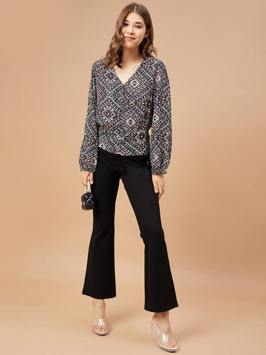 Gipsy Women Black Print Georgette Bishop Sleeve V Neck Blouse
