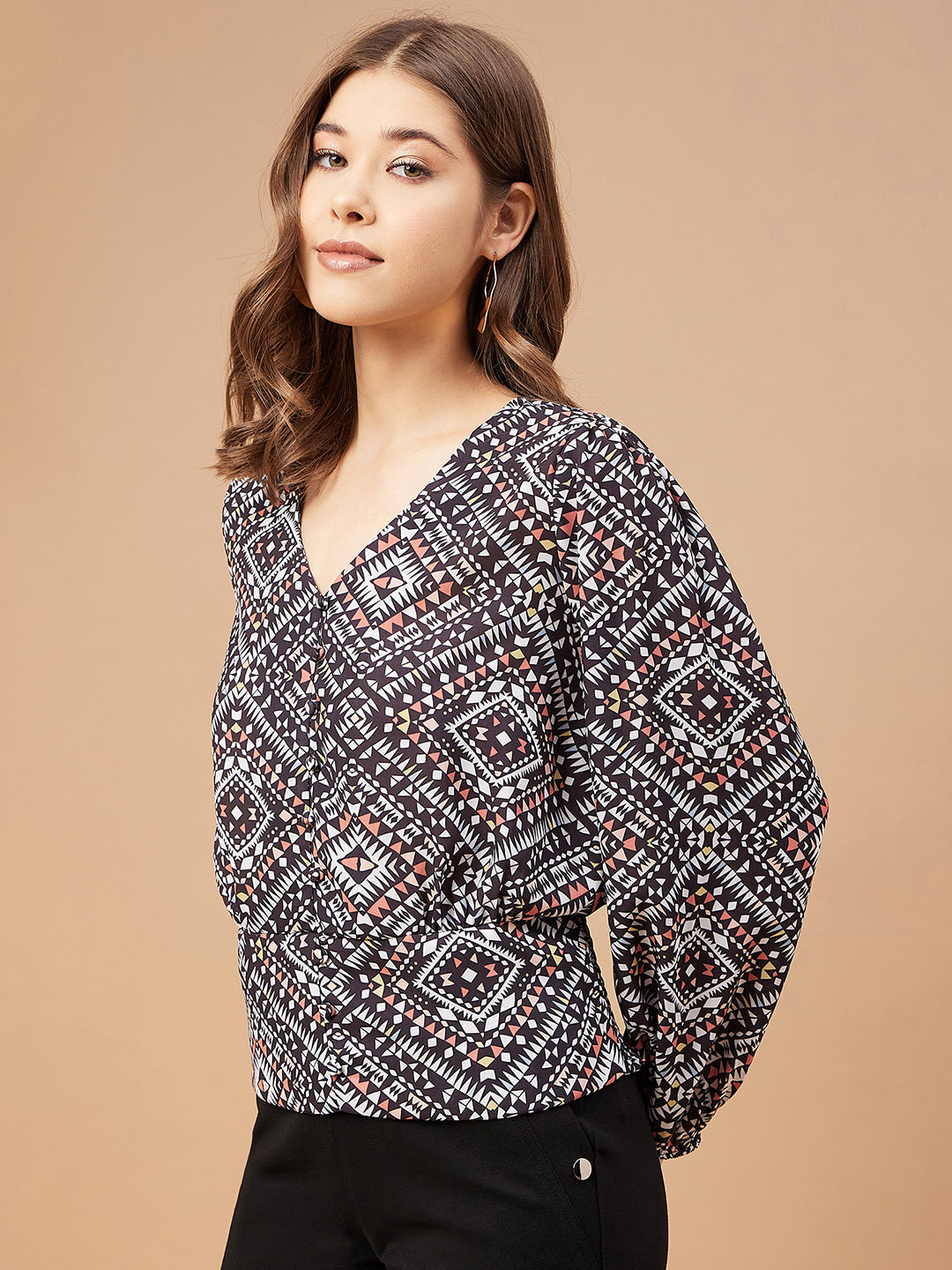 Gipsy Women Black Print Georgette Bishop Sleeve V Neck Blouse