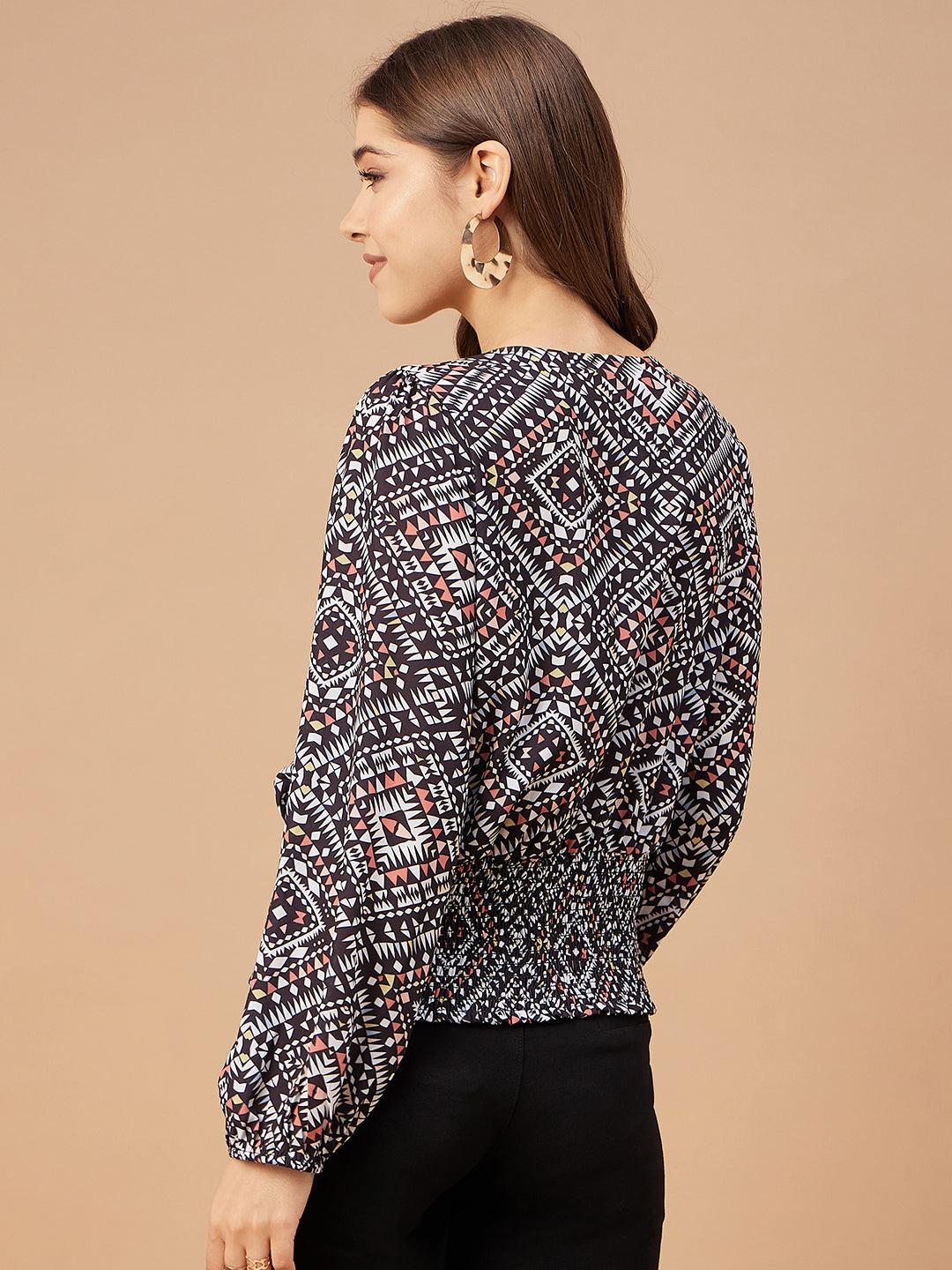 Gipsy Women Black Print Georgette Bishop Sleeve V Neck Blouse