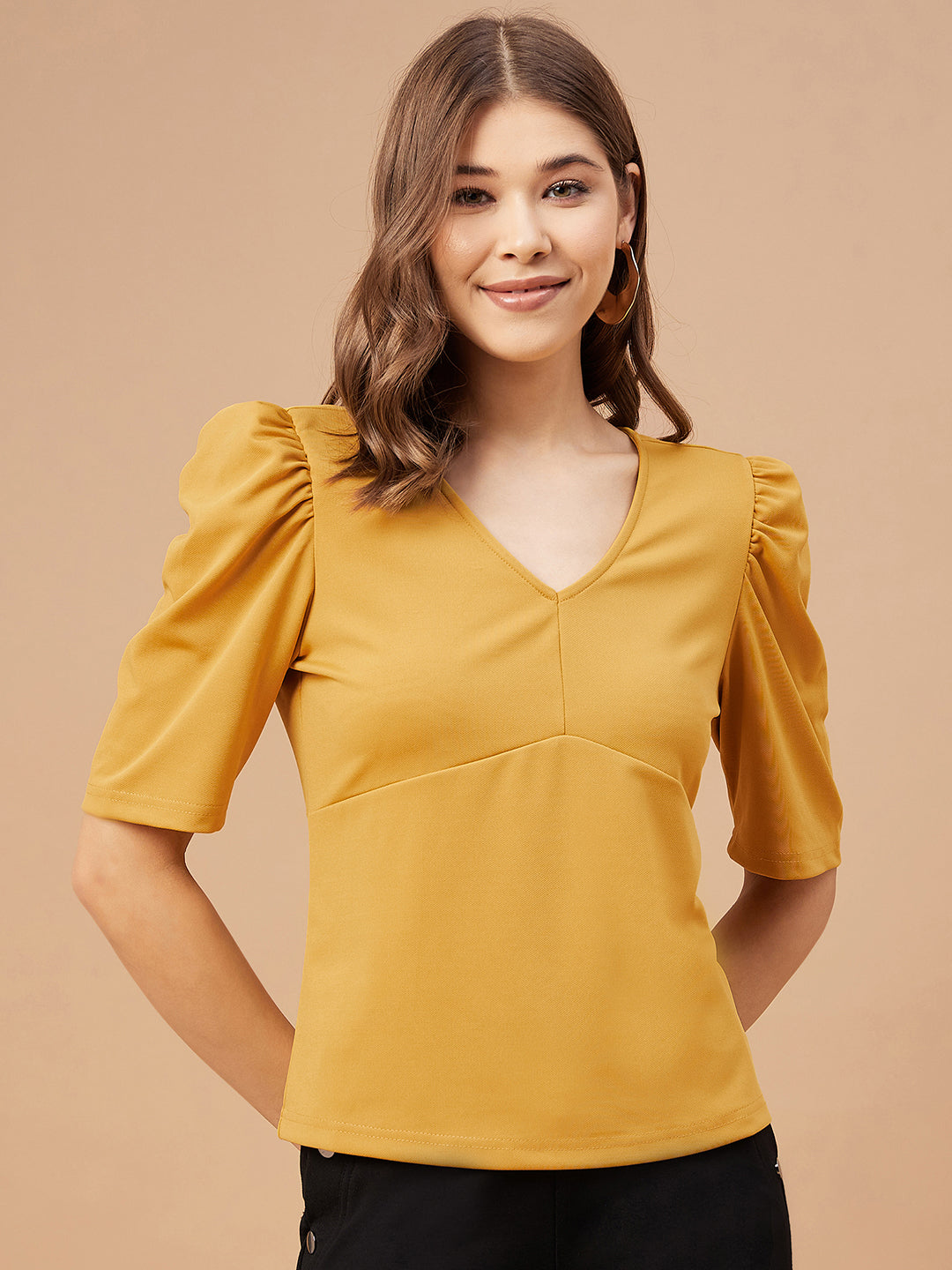 Gipsy Women Mustard Solid Polyester Flutter Sleeve V Neck Blouse