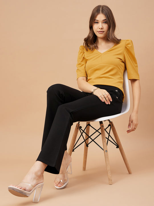 Gipsy Women Mustard Solid Polyester Flutter Sleeve V Neck Blouse