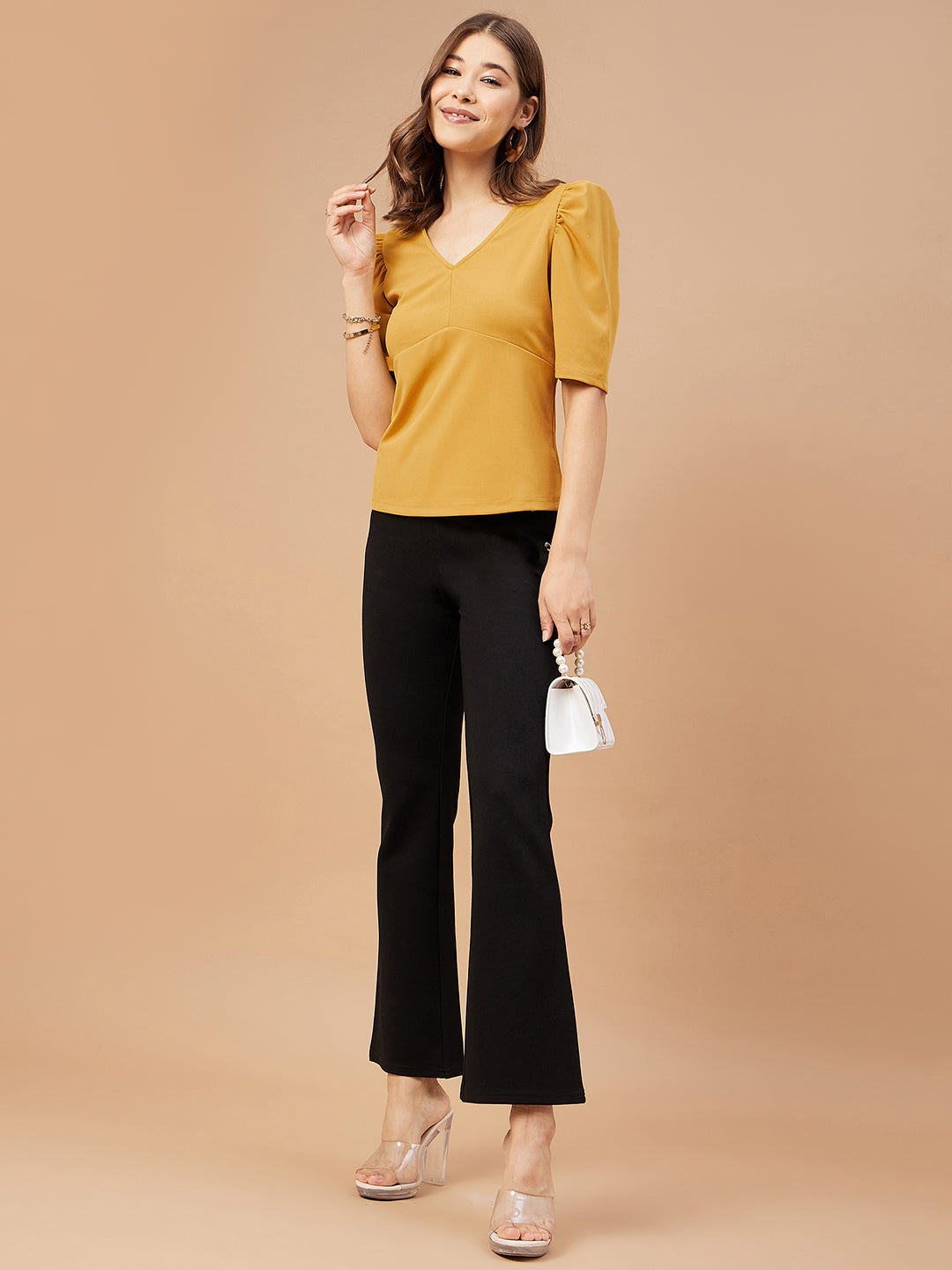 Gipsy Women Mustard Solid Polyester Flutter Sleeve V Neck Blouse