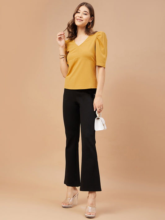 Gipsy Women Mustard Solid Polyester Flutter Sleeve V Neck Blouse