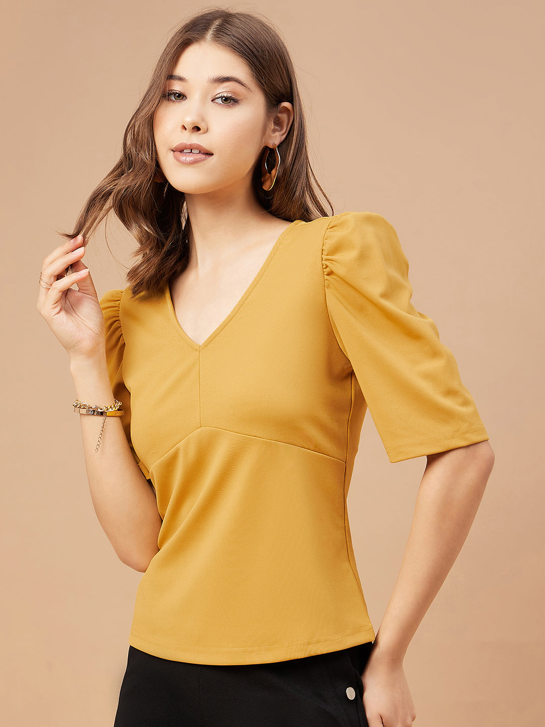 Gipsy Women Mustard Solid Polyester Flutter Sleeve V Neck Blouse