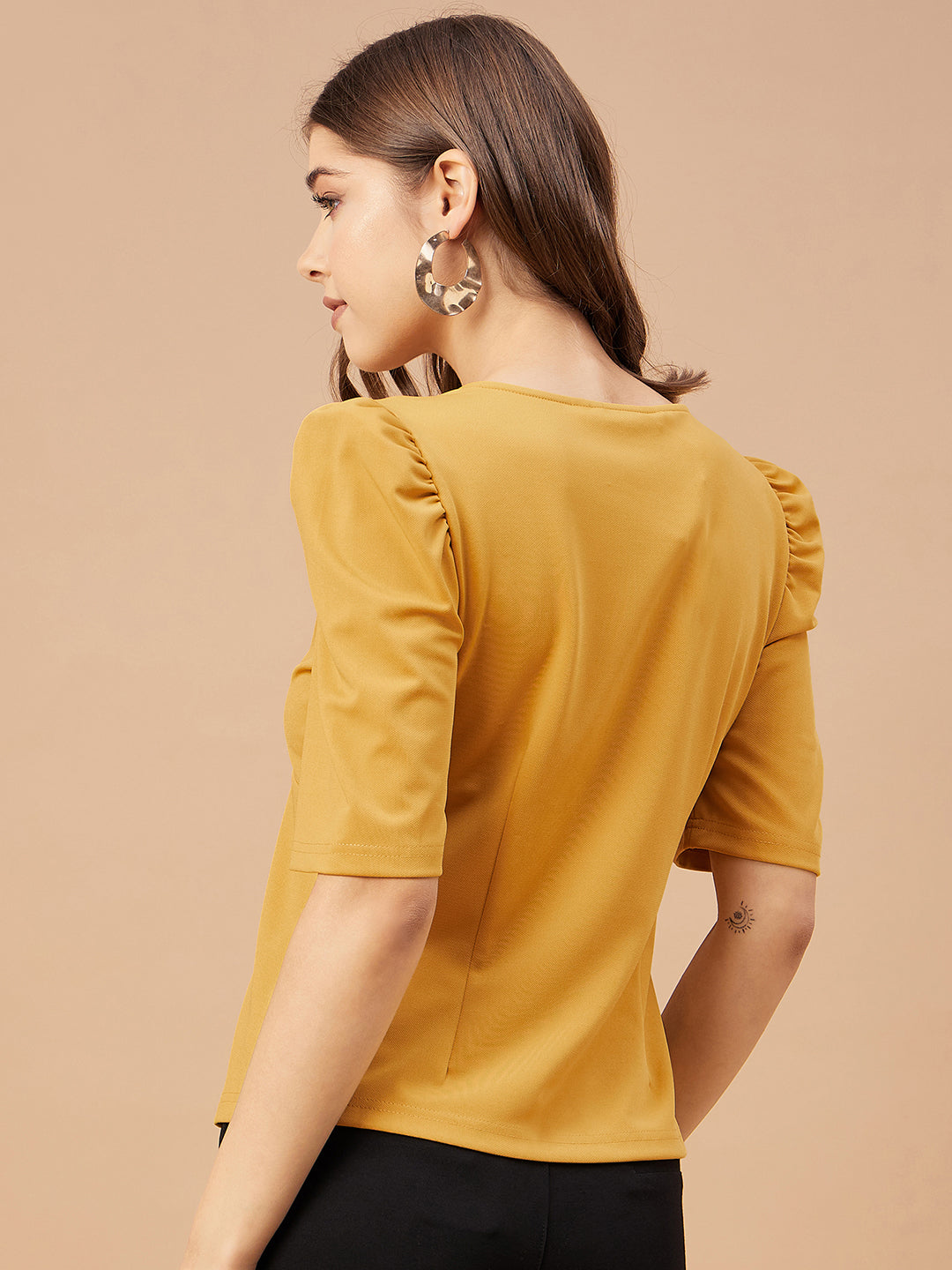 Gipsy Women Mustard Solid Polyester Flutter Sleeve V Neck Blouse