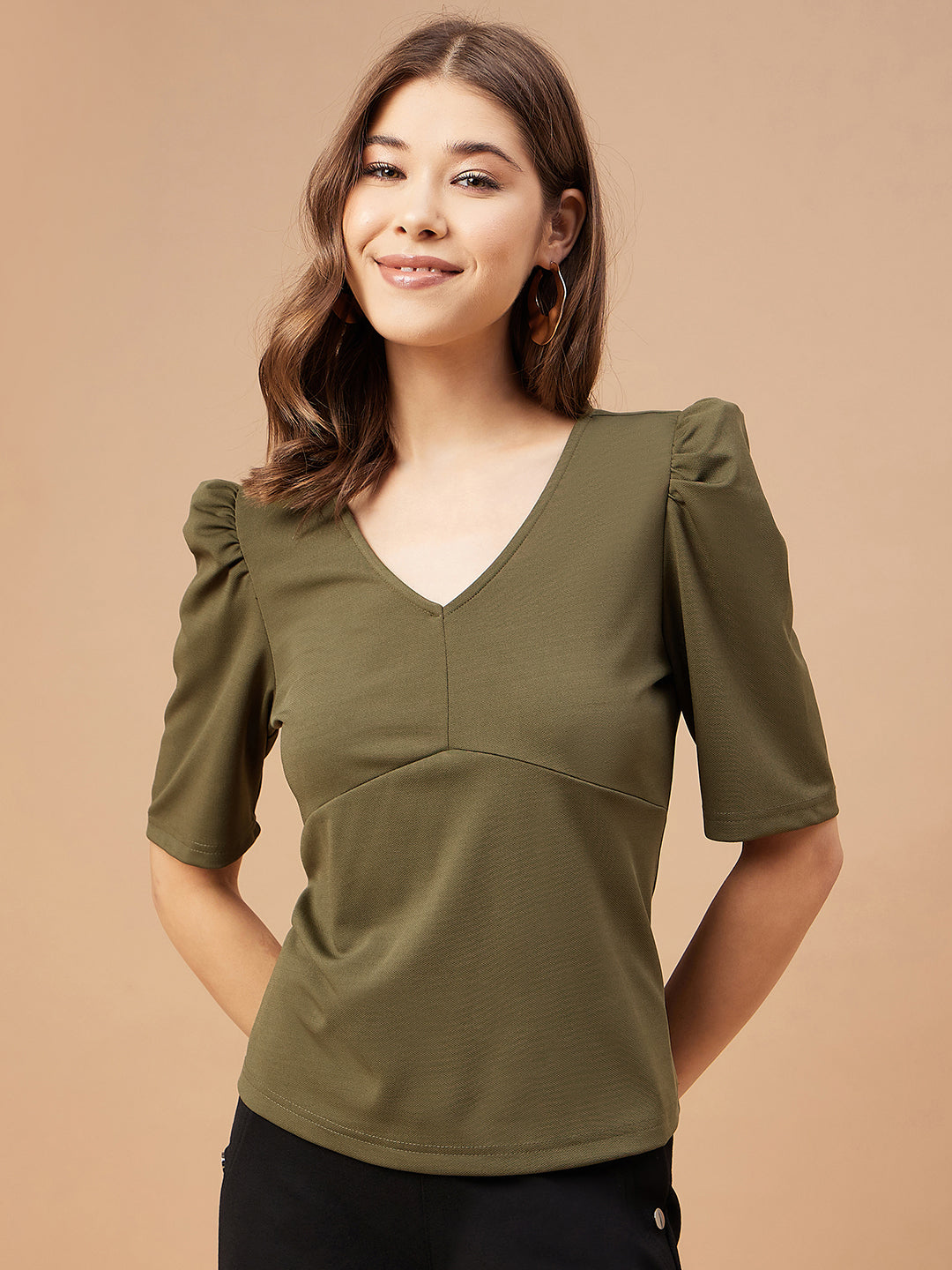 Gipsy Women Olive Solid Polyester Flutter Sleeve V Neck Blouse