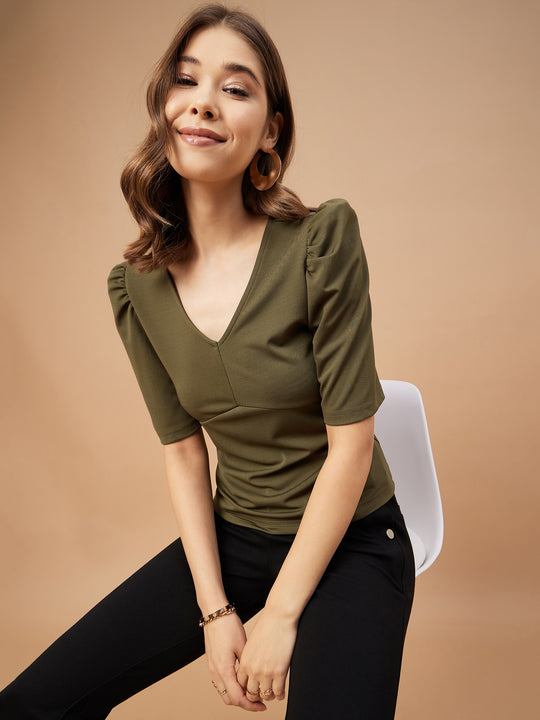 Gipsy Women Olive Solid Polyester Flutter Sleeve V Neck Blouse