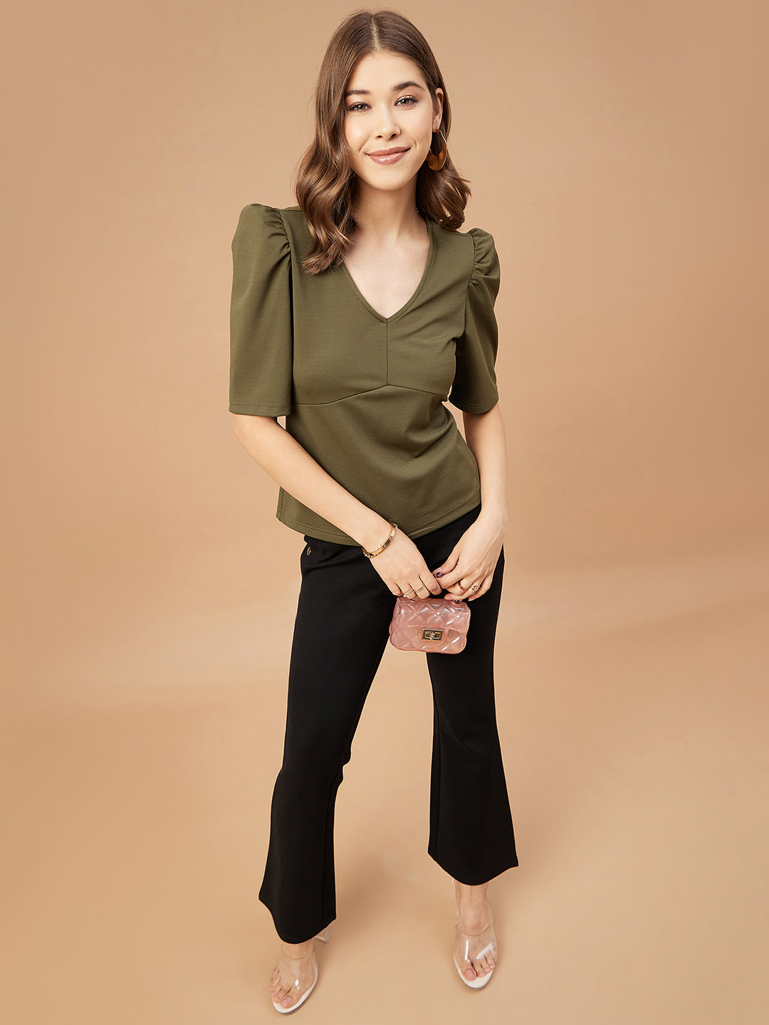 Gipsy Women Olive Solid Polyester Flutter Sleeve V Neck Blouse