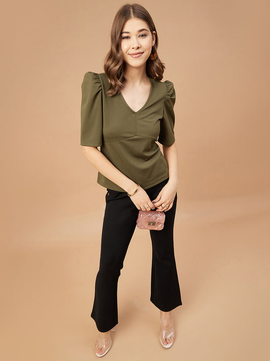 Gipsy Women Olive Solid Polyester Flutter Sleeve V Neck Blouse