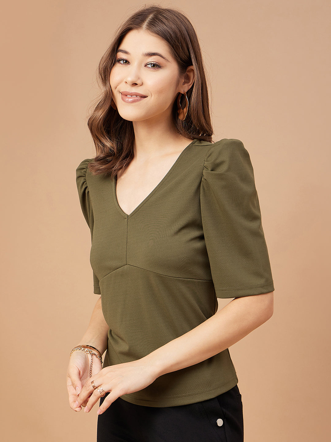 Gipsy Women Olive Solid Polyester Flutter Sleeve V Neck Blouse