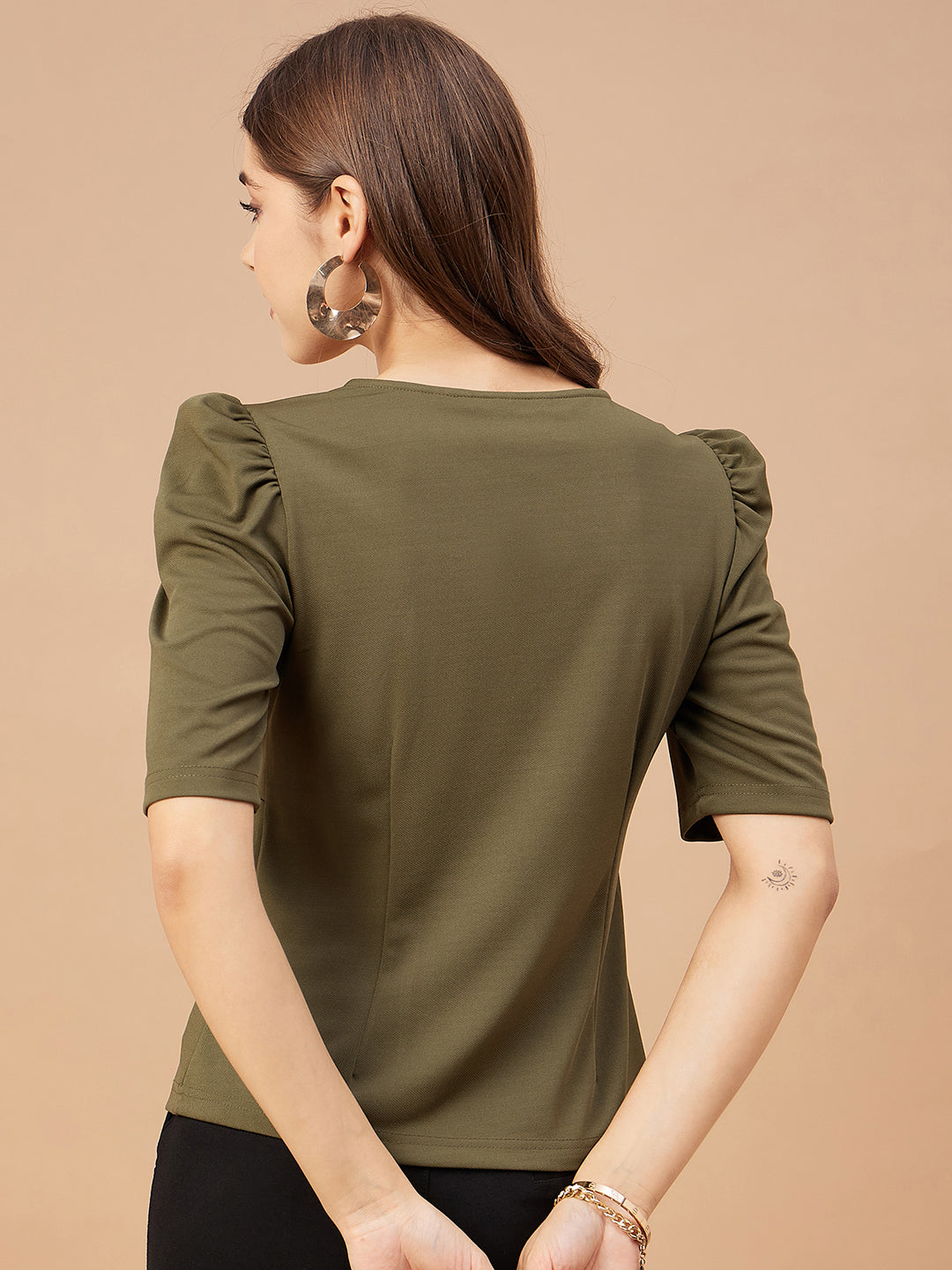 Gipsy Women Olive Solid Polyester Flutter Sleeve V Neck Blouse