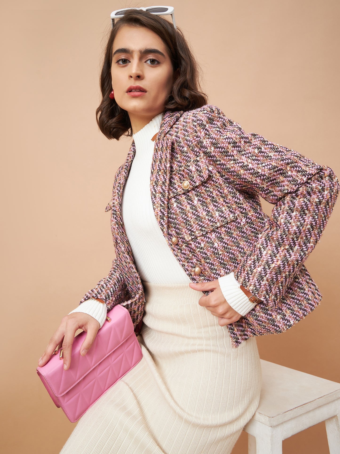 Gipsy Women Lapel Collar Straight Full Sleeve Wool Blend Fabric Fabric Pink Milange Coat