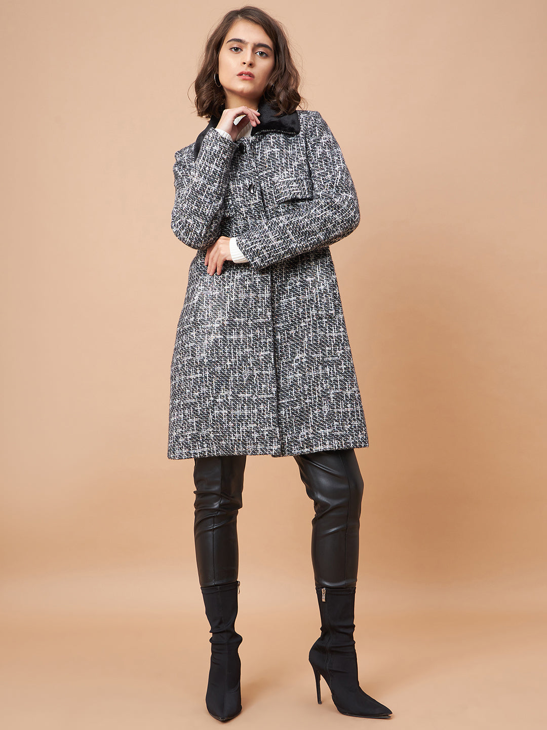Gipsy Women Flat Collar Straight Full Sleeve Vibgyor Knit Milange Fabric Black Coat