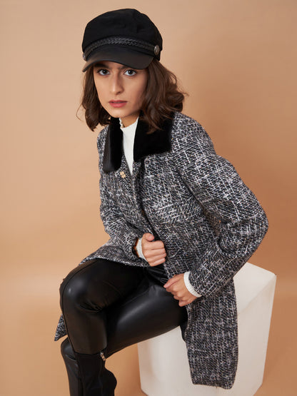 Gipsy Women Flat Collar Straight Full Sleeve Vibgyor Knit Milange Fabric Black Coat