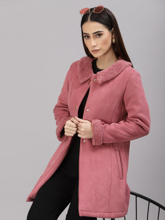 Gipsy Women Peter pan collar long Full Sleeves Polyester Fabric Dusky Pink Coat