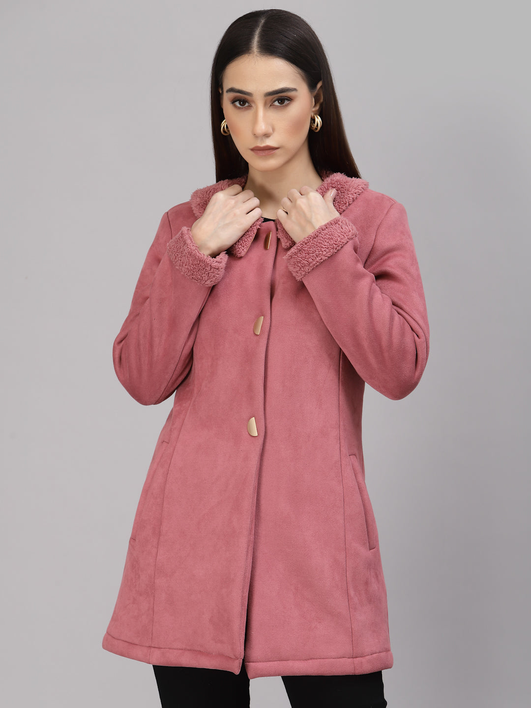Gipsy Women Peter pan collar long Full Sleeves Polyester Fabric Dusky Pink Coat