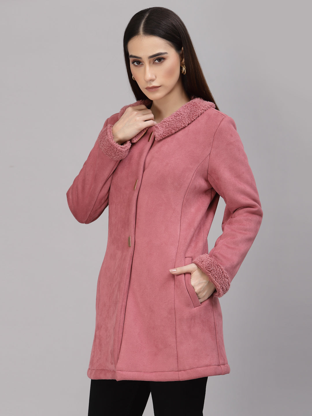 Gipsy Women Peter pan collar long Full Sleeves Polyester Fabric Dusky Pink Coat