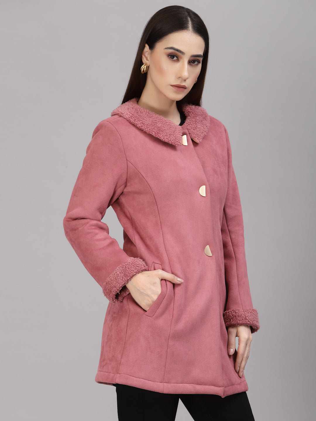 Gipsy Women Peter pan collar long Full Sleeves Polyester Fabric Dusky Pink Coat