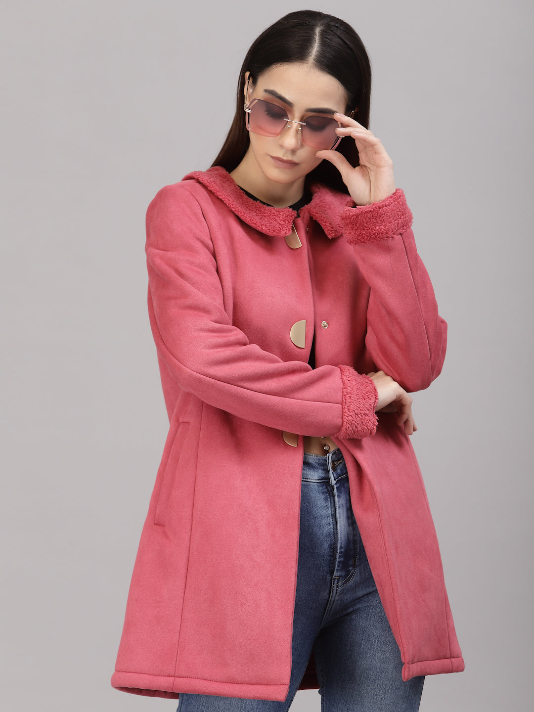 Gipsy Women Peter pan collar long Full Sleeves Polyester Fabric Rose Gold Coat