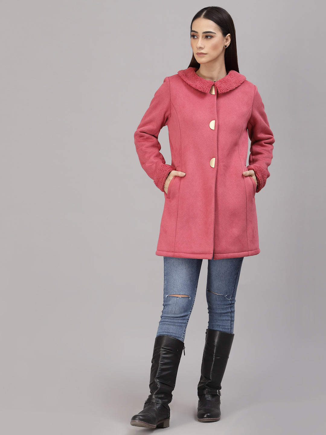 Gipsy Women Peter pan collar long Full Sleeves Polyester Fabric Rose Gold Coat
