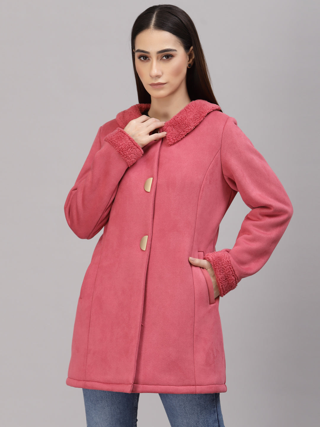 Gipsy Women Peter pan collar long Full Sleeves Polyester Fabric Rose Gold Coat