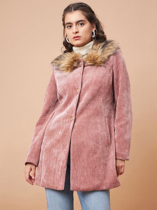 Gipsy Women Faux Fur Collar Straight Full Sleeve Shynail Jaquard Fabric Dusky Pink Coat