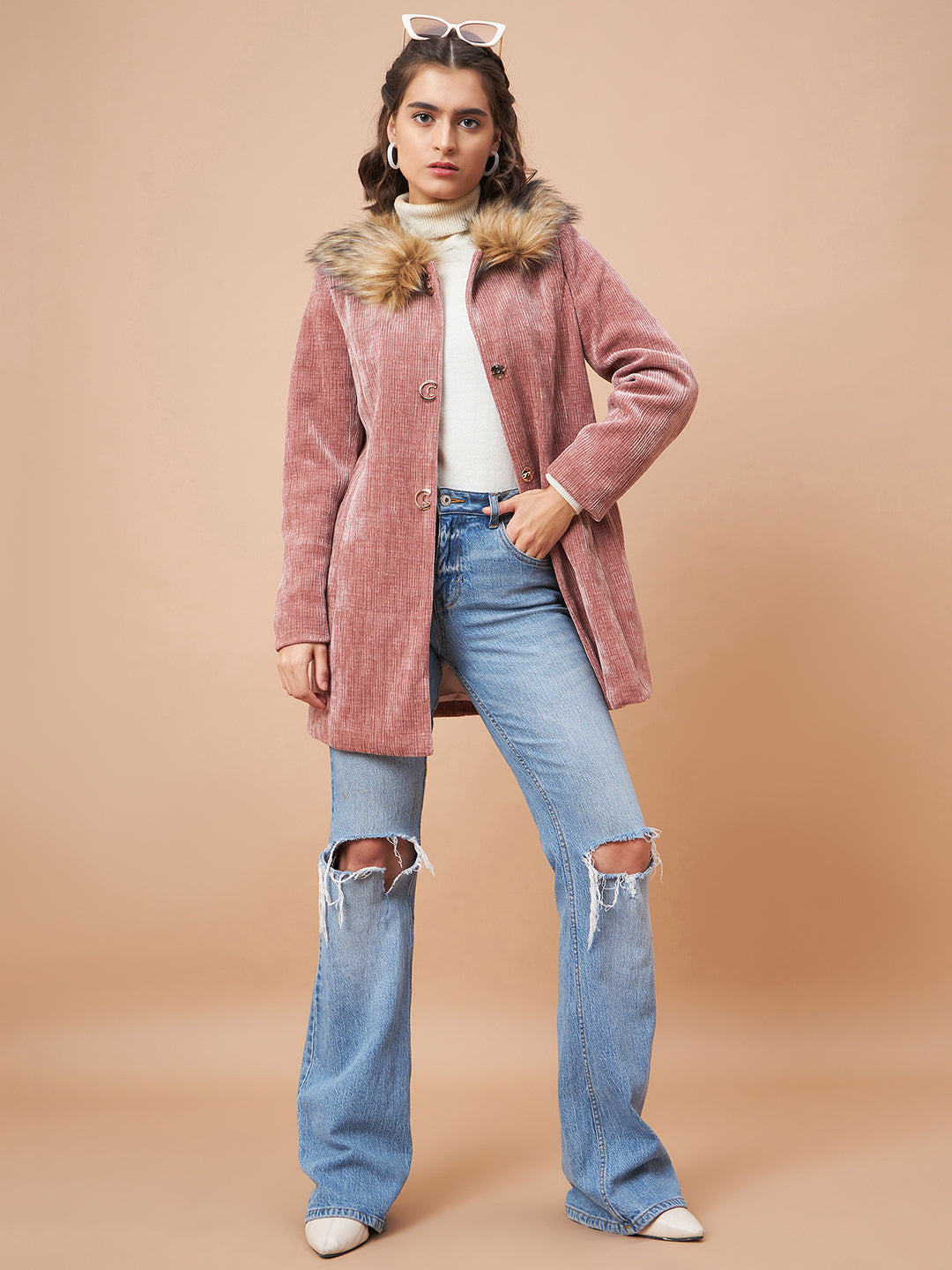 Gipsy Women Faux Fur Collar Straight Full Sleeve Shynail Jaquard Fabric Dusky Pink Coat