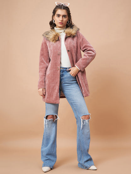 Gipsy Women Faux Fur Collar Straight Full Sleeve Shynail Jaquard Fabric Dusky Pink Coat