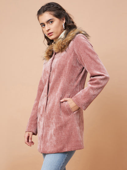Gipsy Women Faux Fur Collar Straight Full Sleeve Shynail Jaquard Fabric Dusky Pink Coat
