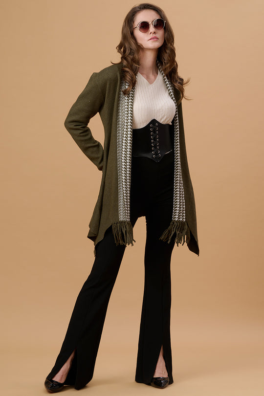 Gipsy Women Shwal Lapel Long Full Sleeves Acrylic Fabric Green Cape