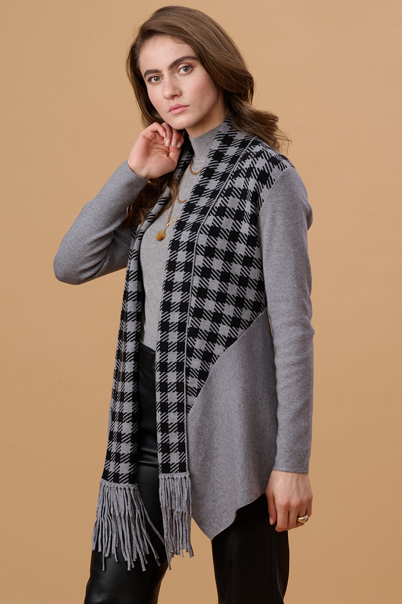 Gipsy Women Shwal Lapel Regular Full Sleeves Acrylic Fabric Grey Checks Cape