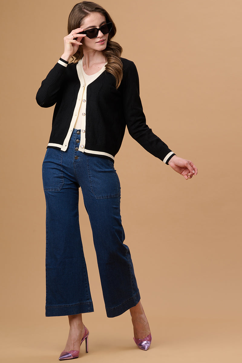 Gipsy Women V-Neck Regular  Full Sleeves Acrylic Fabric Black Cardigan